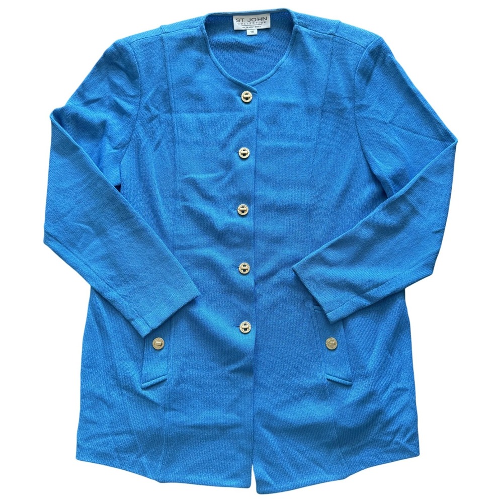 St John Collection Blue Santana Knit Skirt Suit Gold Button Jacket Set Size 14 - Picture 2 of 6